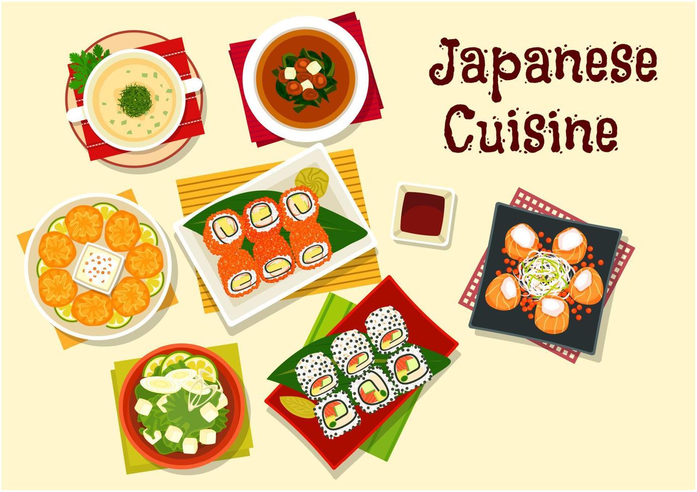 japanische küche sushi und suppen zum abendmenü vektor
