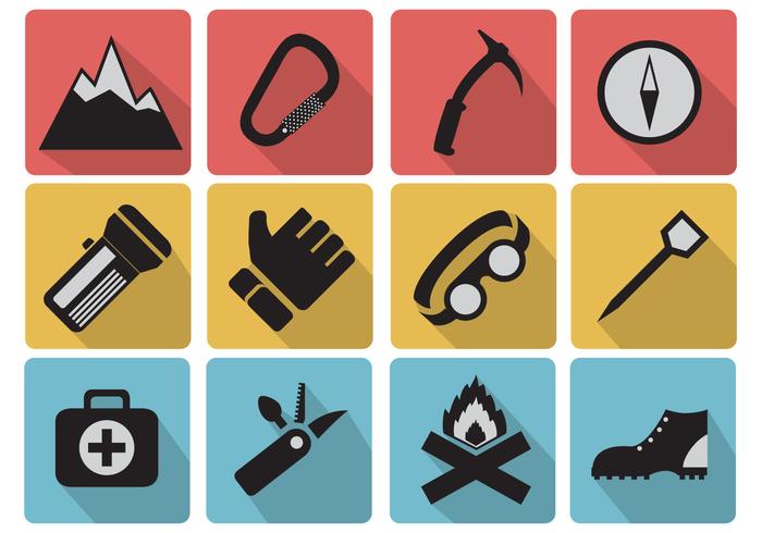 Set Icons von Camping und Bergsteiger vektor