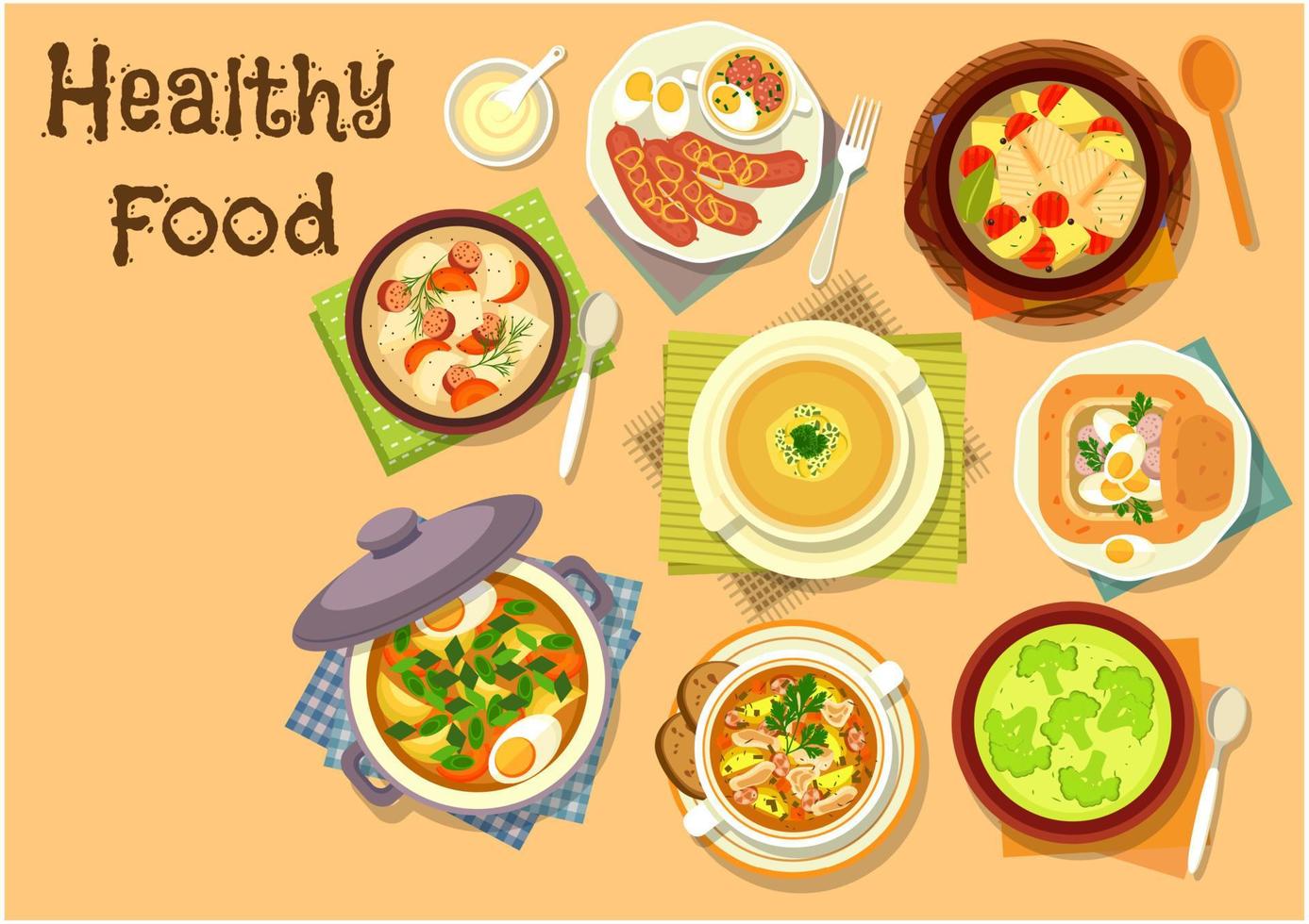 soppa maträtter ikon för friska lunch meny design vektor