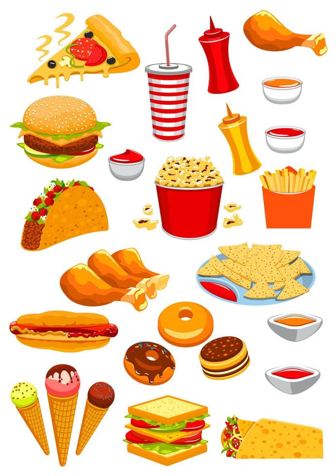 Fast-Food-Snacks und Getränke-Vektorsymbole vektor