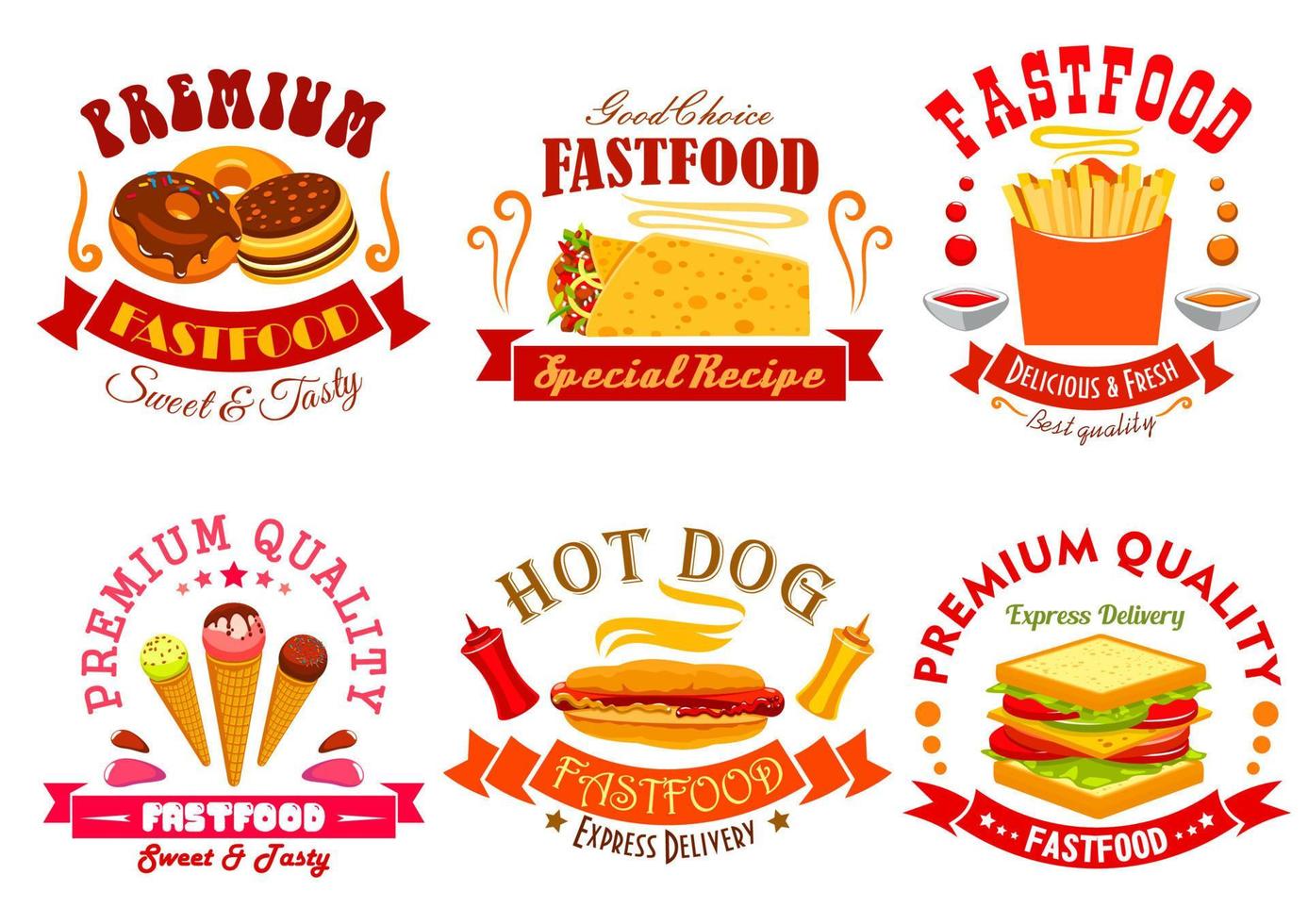 snabb mat meny ikoner, etiketter, emblem uppsättning vektor