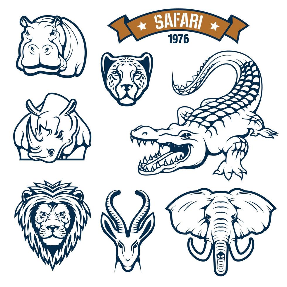 Safari-Jagdclub Tiere Vektorsymbole gesetzt vektor