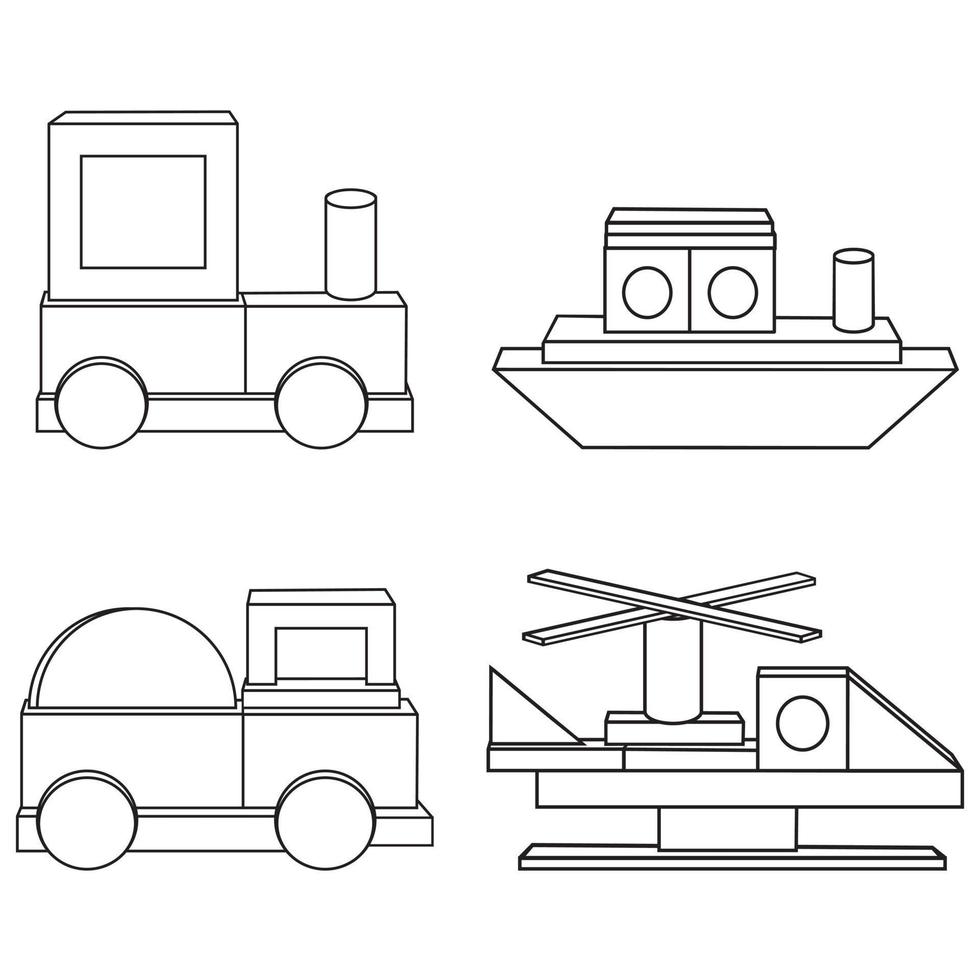 konstruktion av transport från träkuber, svart kontur, färgläggning, vektor isolerad illustration i platt stil