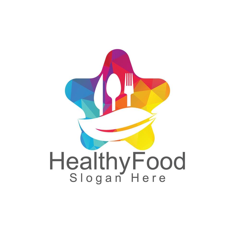 stjärna friska mat logotyp mall. organisk mat logotyp med sked, gaffel, kniv och blad symbol. vektor