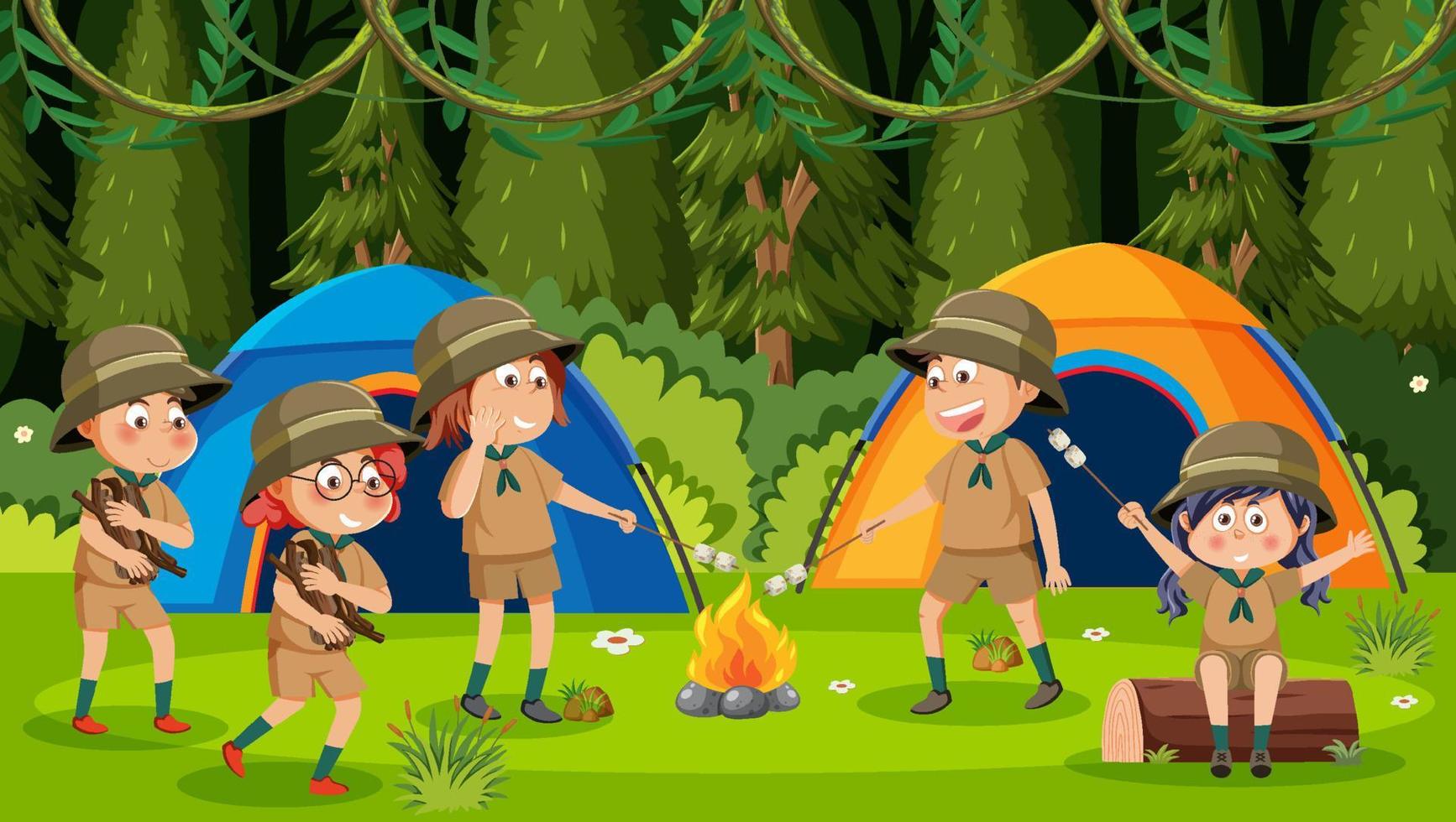 barn camping ut skog scen vektor