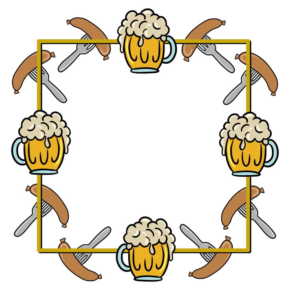 fyrkant ljus gul dekorativ ram, kopia Plats, glas råna med skum dryck, varm korv, vektor illustration i tecknad serie stil på en vit bakgrund