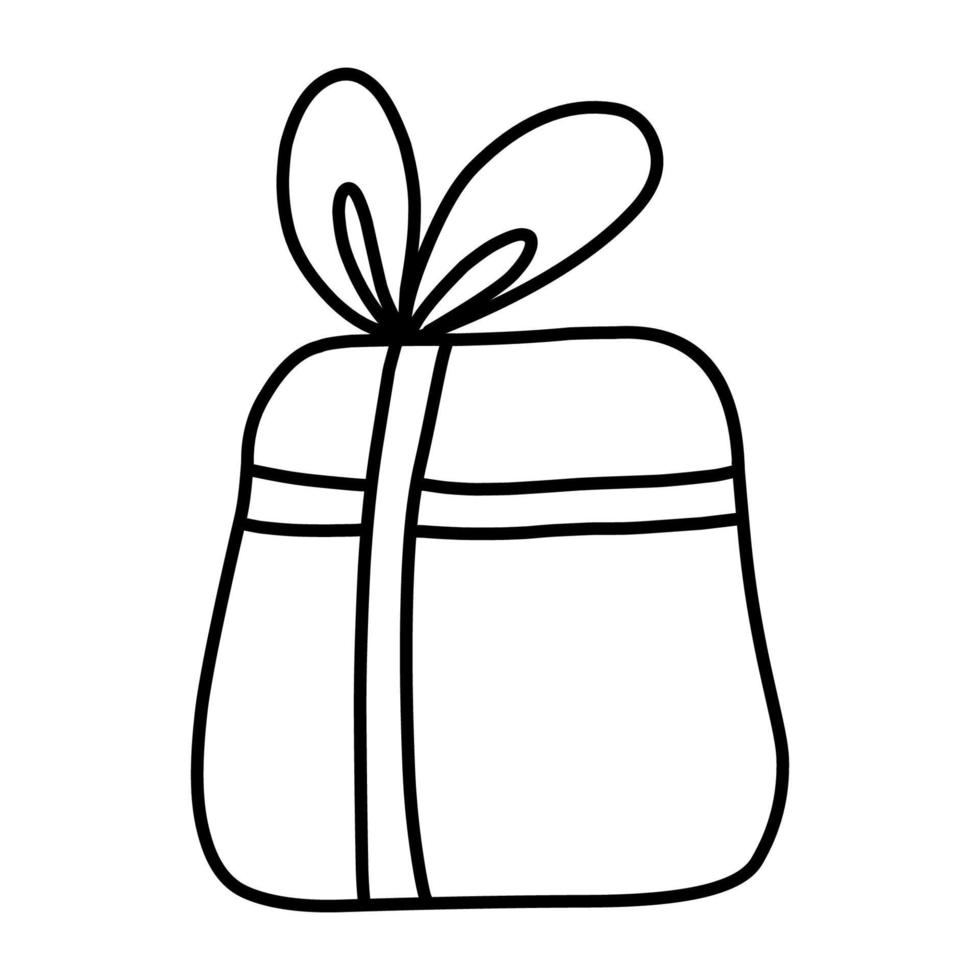 Die Geschenkbox ist geschlossen und mit einer Schleife verziert. Neujahrs-Überraschungs-Geschenkbox. Handzeichnung Gekritzel. schöne, lustige Zeichnung. Schwarz-Weiß-Zeichnung. Vektor. Symbol. vektor