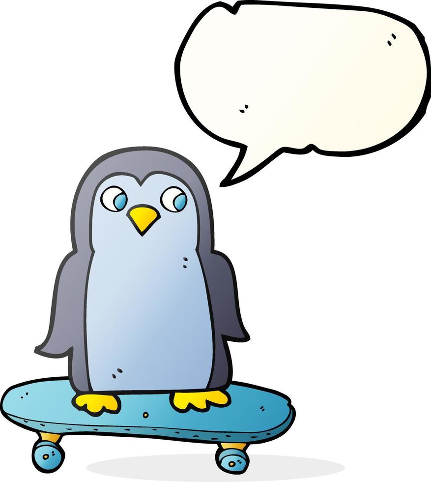 Freihändig gezeichneter Sprechblasenkarikatur-Pinguin, der Skateboard reitet vektor