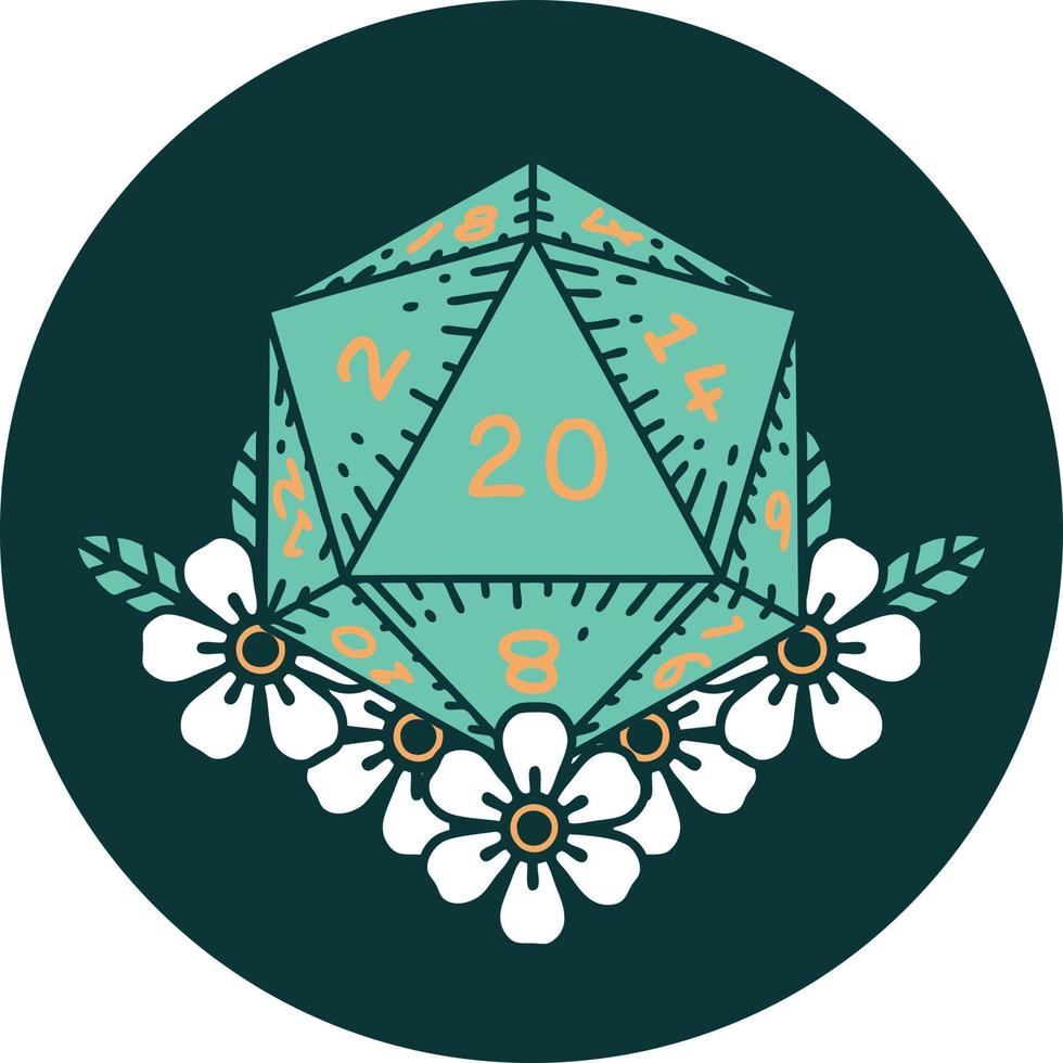 ikon av naturlig 20 d20 tärningar rulla med blommig element vektor