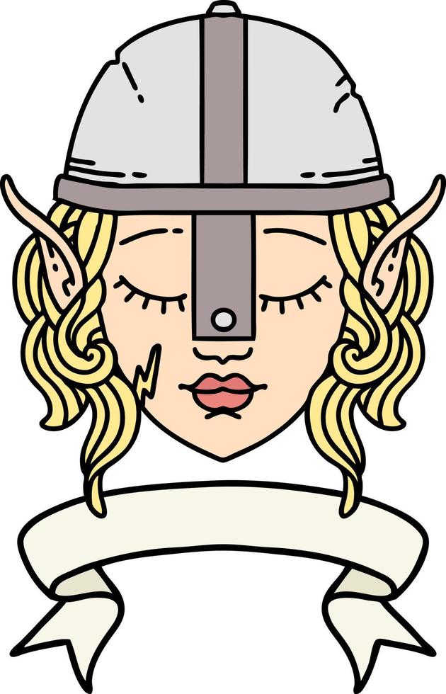 Elfenkämpfer-Charaktergesicht im Retro-Tattoo-Stil mit Banner vektor