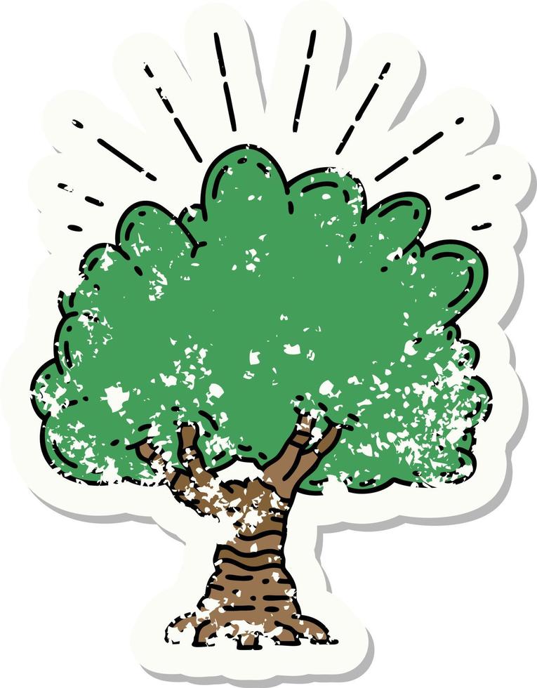 Abgenutzter alter Aufkleber eines Baumes im Tattoo-Stil vektor
