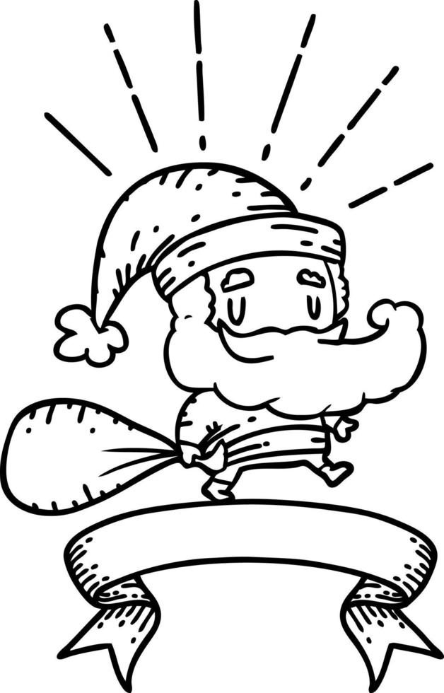 Scroll-Banner mit schwarzer Linie Tattoo-Stil Weihnachtsmann-Weihnachtsfigur mit Sack vektor