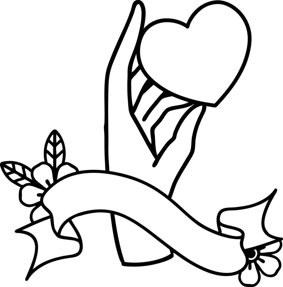 traditionell svart linjearbete tatuering med baner av en hand innehav en hjärta vektor