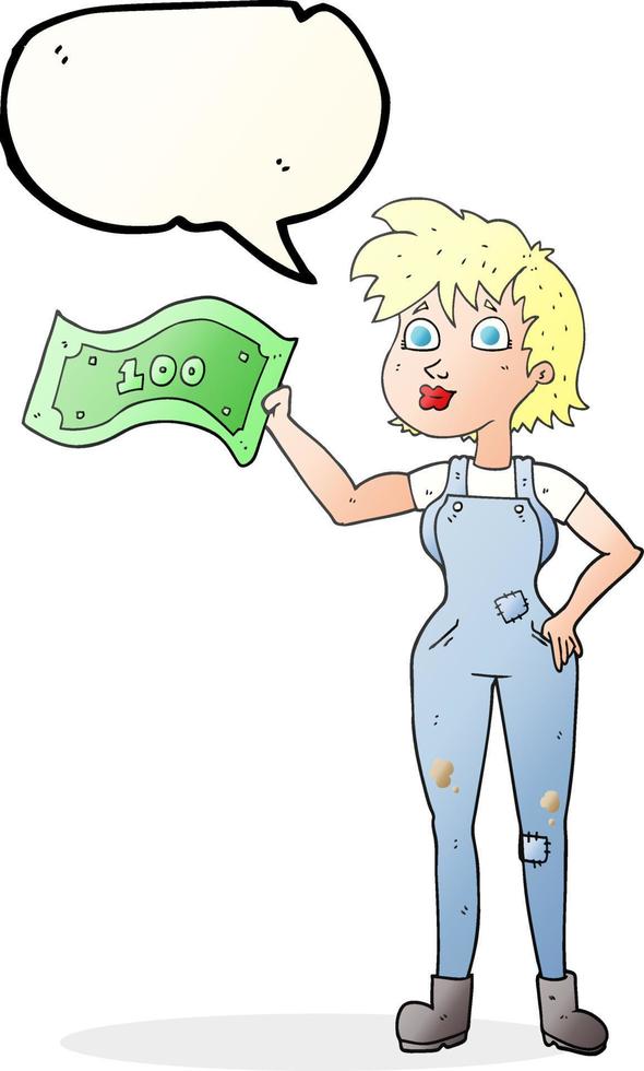 Freihändig gezeichnete Sprechblase Cartoon selbstbewusste Bäuerin mit Geld vektor