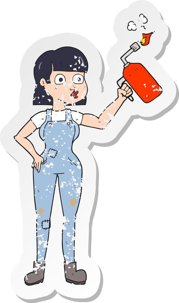 Retro-Distressed-Aufkleber einer Cartoon-Frau in Latzhose vektor