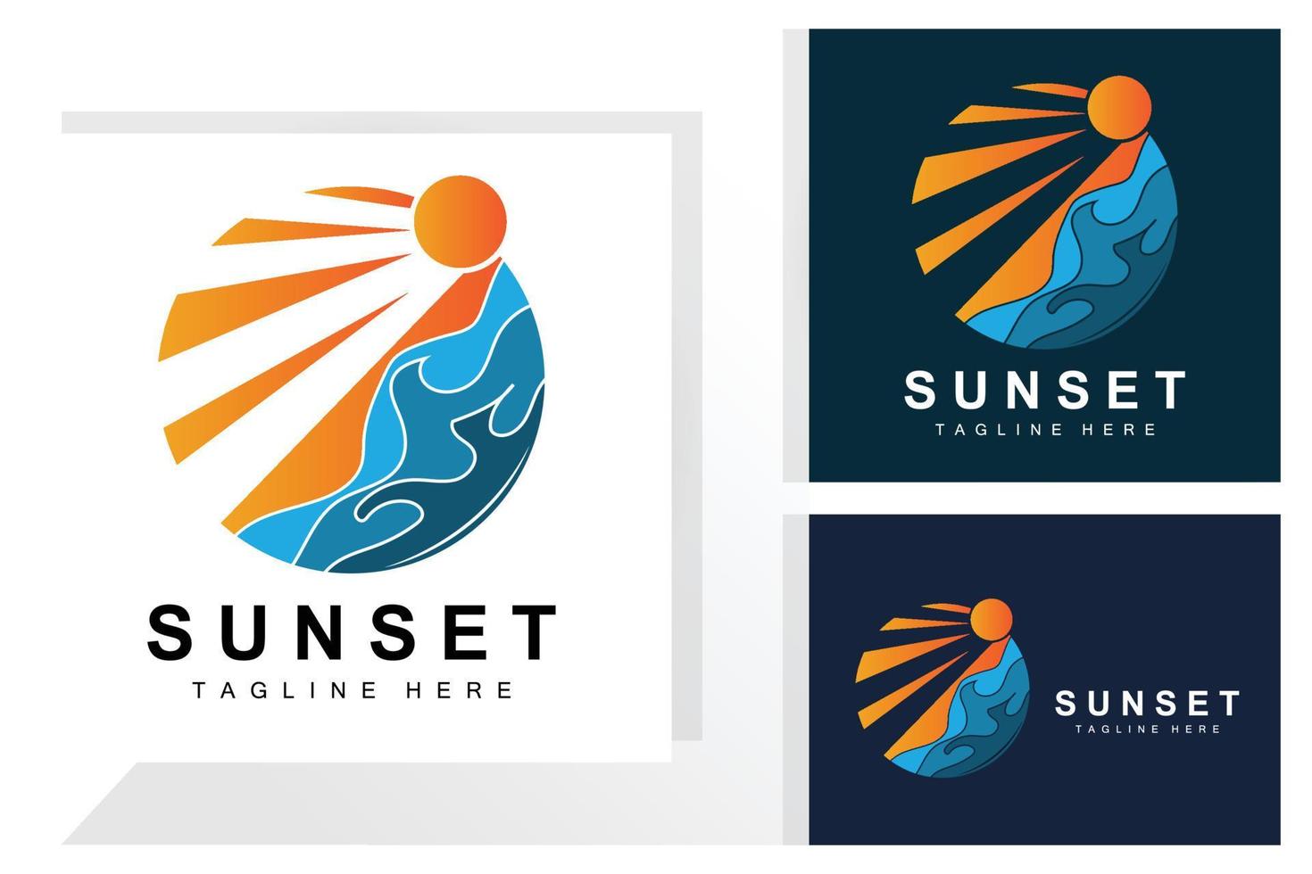 sonnenuntergang strand logo design, meerblick illustration, roter tag urlaubsort vektor