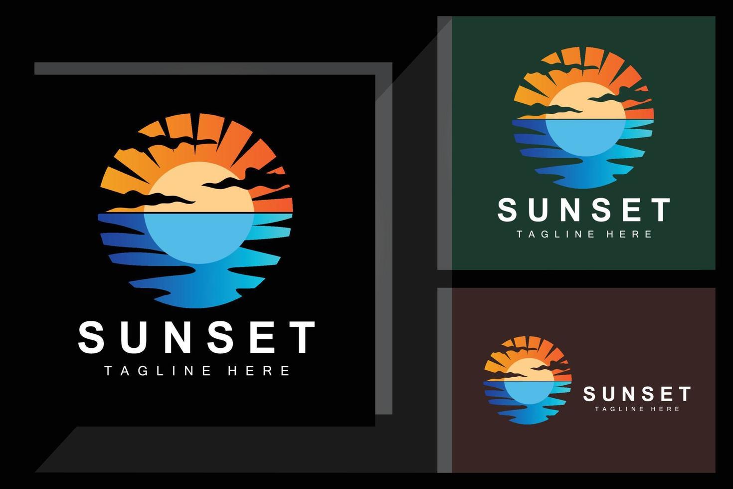 sonnenuntergang strand logo design, meerblick illustration, roter tag urlaubsort vektor