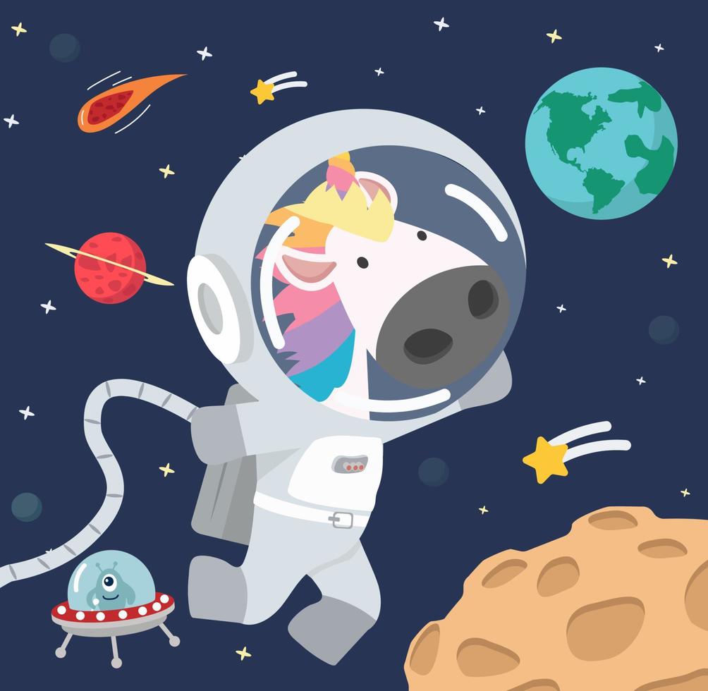 Einhorn-Astronaut im Weltraum-Cartoon vektor