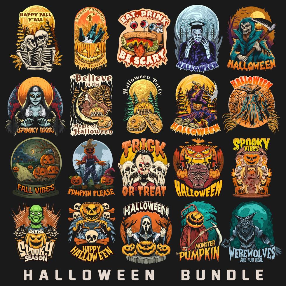 gespenstische Halloween-T-Shirt-Designs bündeln. satz von halloween-illustrationsgrafiken. Gruseliges Halloween-Monster und Geist vektor