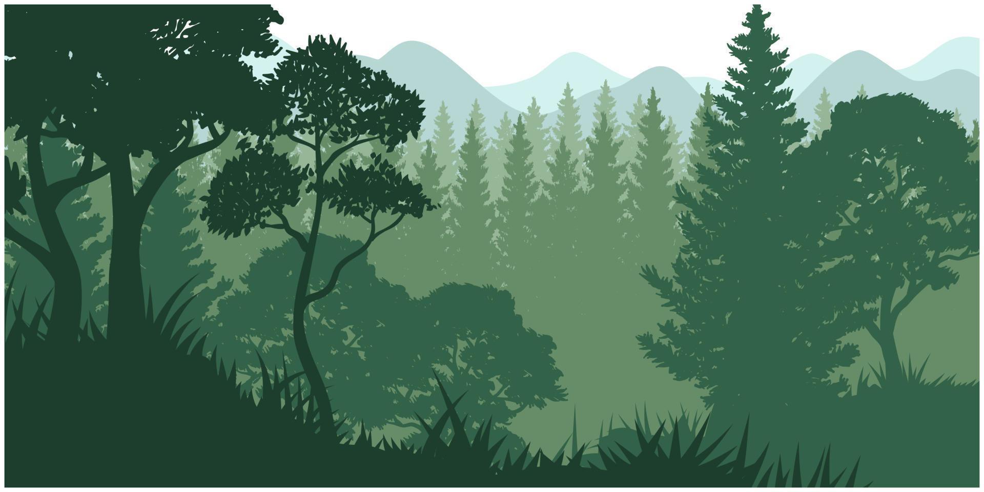 silhuett av natur landskap. berg, skog i bakgrund. blå och grön illustration. vektor