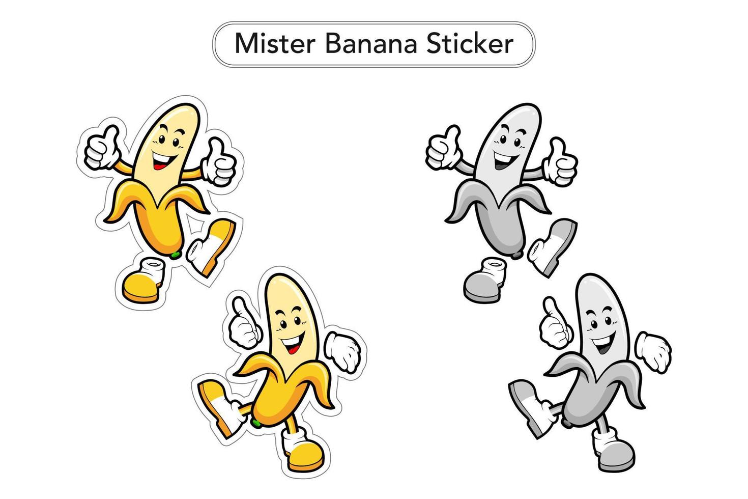 Herr Bananenaufkleber. Bananen-Maskottchen-Vektor. Bananenfrucht bunte ClipArt. Schwarz-Weiß-Maskottchen. vektor