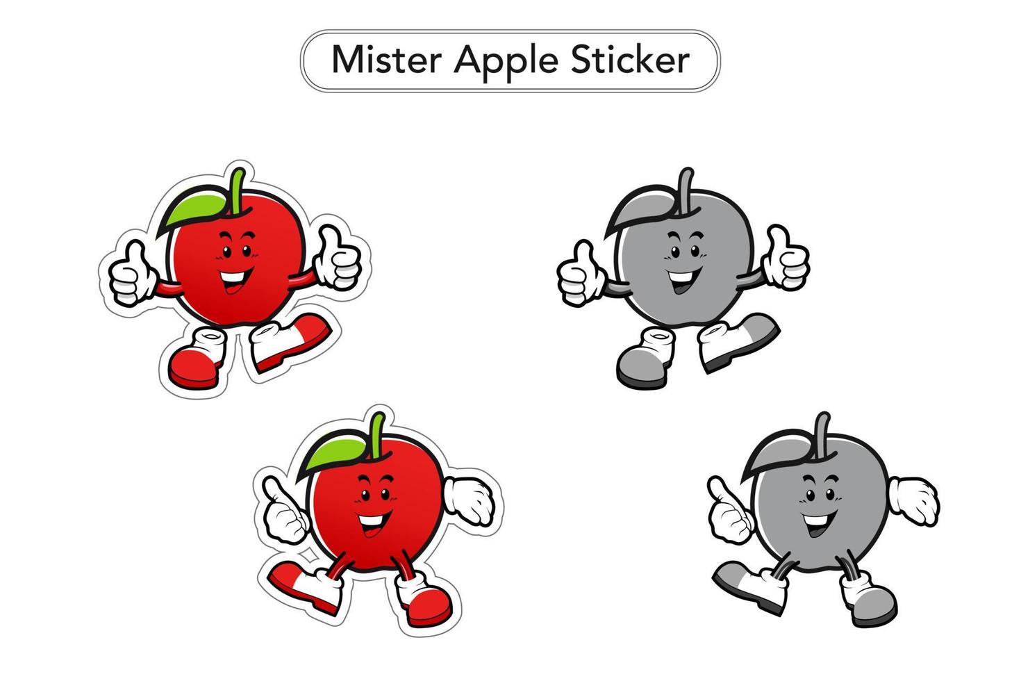 Herr Apfelaufkleber. Apfel-Maskottchen-Vektor. Apfelfrucht bunte ClipArt. Schwarz-Weiß-Maskottchen. vektor