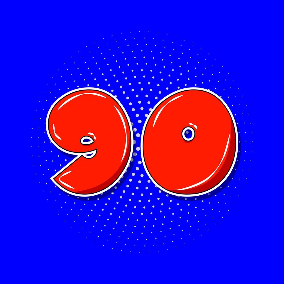 Pop Art rote Nummer 90 über blau gepunktetem Hintergrund. vektor