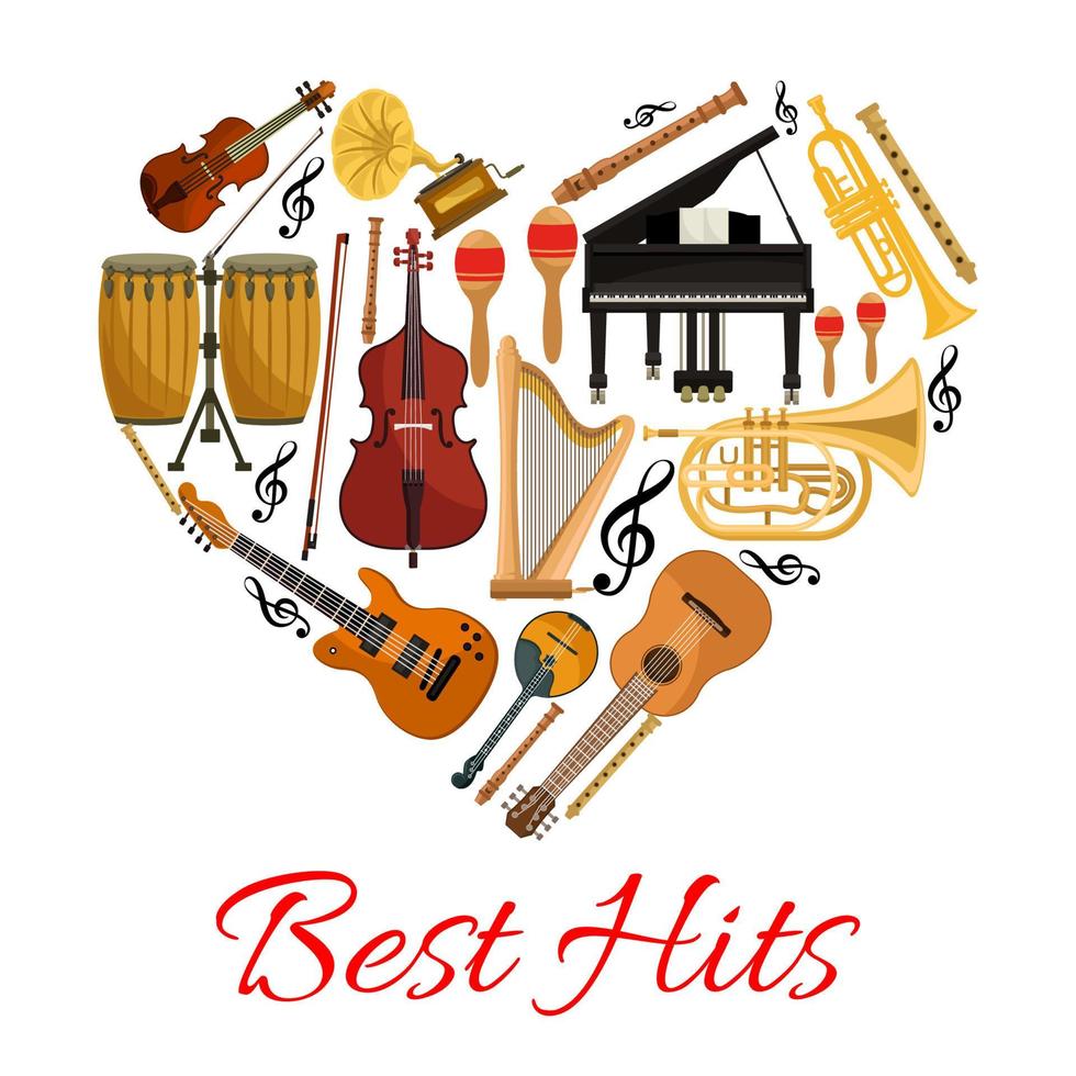 Best Hits Herzvektorsymbol von Musikinstrumenten vektor