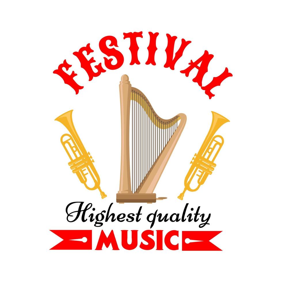 musikfestivalschild mit harfe und trompete vektor