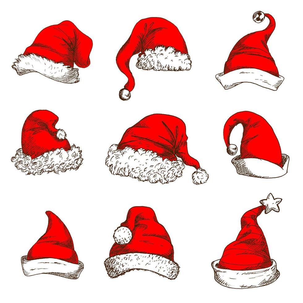 jul röd hatt eller keps av santa och älva ikon uppsättning vektor