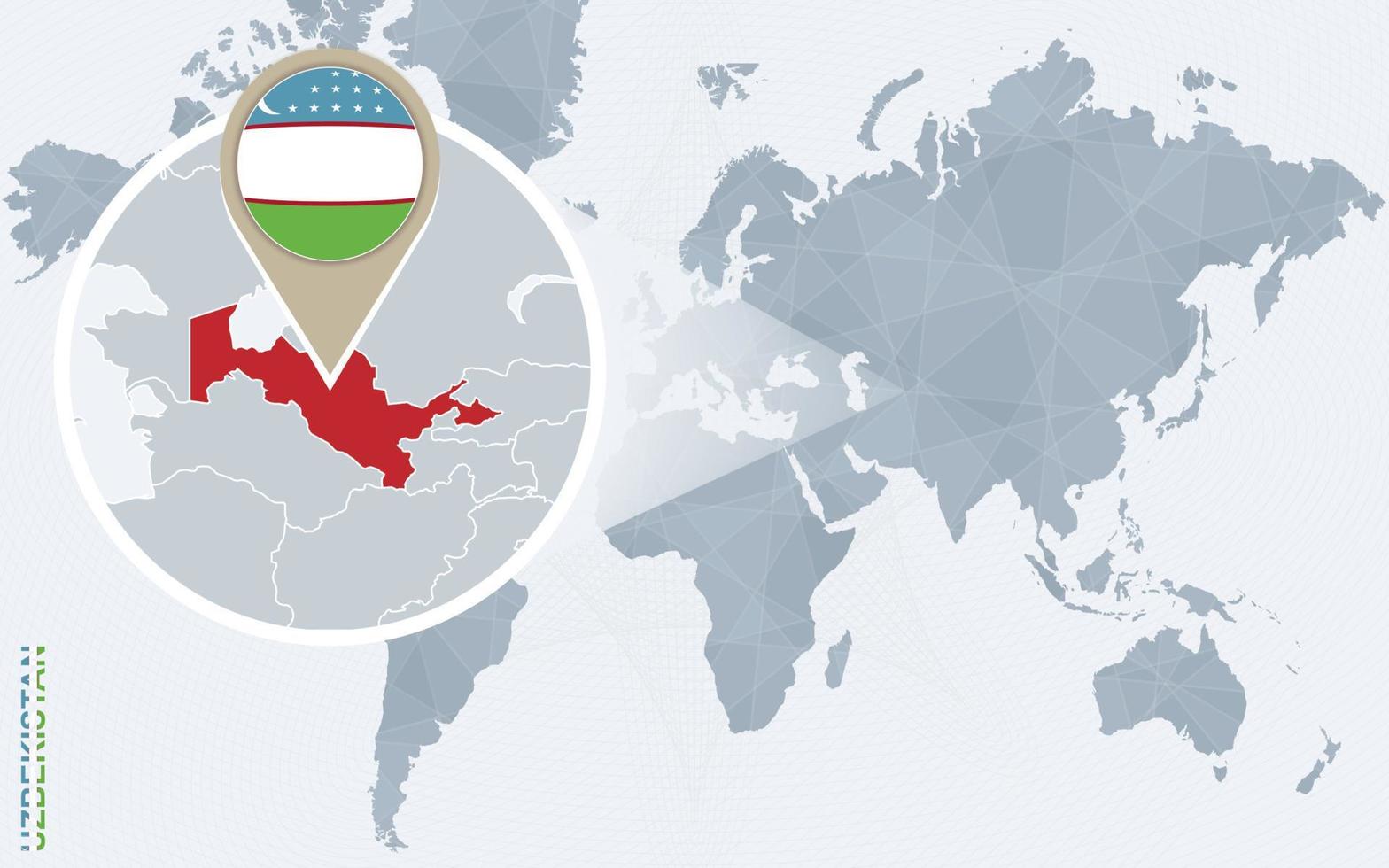 abstrakt blå värld Karta med förstorade uzbekistan. vektor