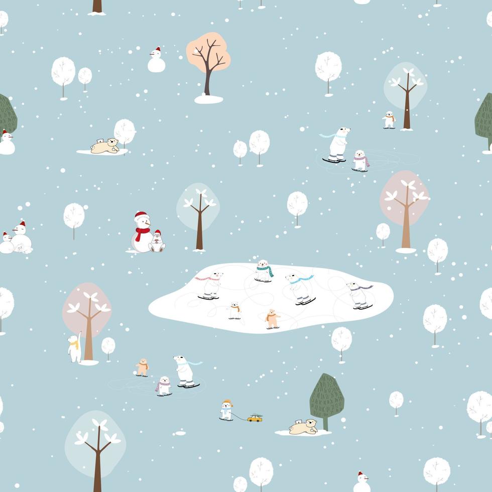 nahtlose Muster Winterlandschaft mit Eisbären, die Schlittschuh spielen, Vektor niedliches Muster Cartoon-Design der Natur für Weihnachten oder Neujahr Geschenkpapier oder Tapete