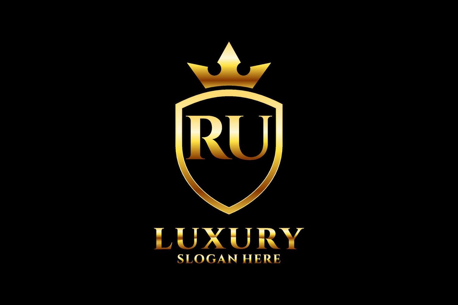 första ru elegant lyx monogram logotyp eller bricka mall med rullar och kunglig krona - perfekt för lyxig branding projekt vektor