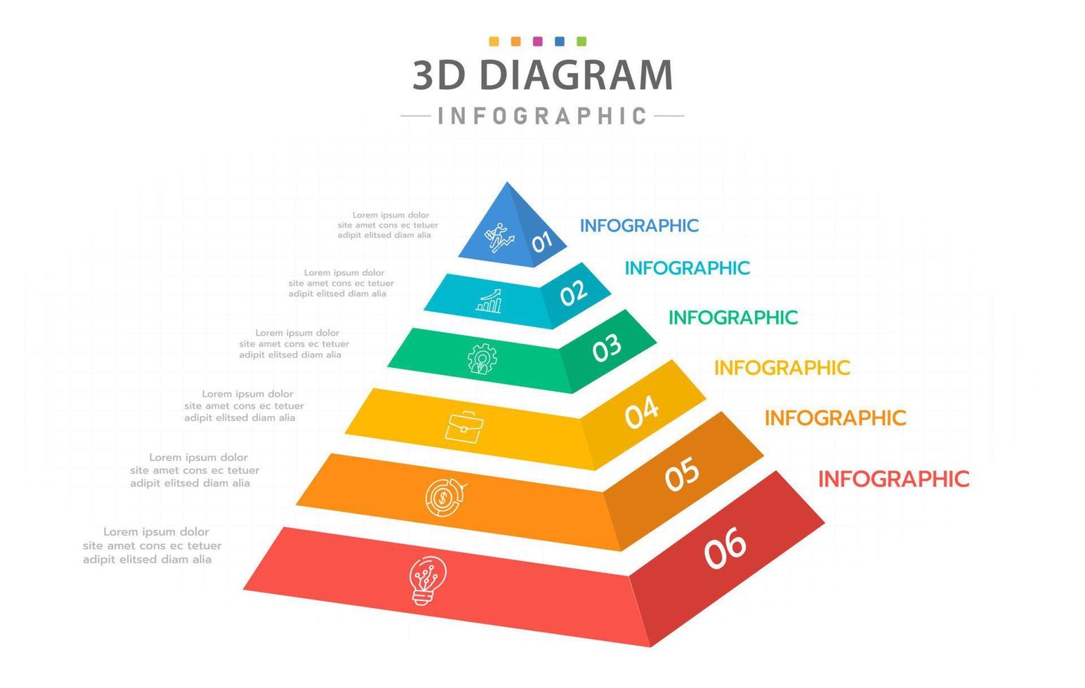 infographic mall för företag. 6 steg mindmap pyramid diagram med ikon ämnen, presentation vektor infografik.