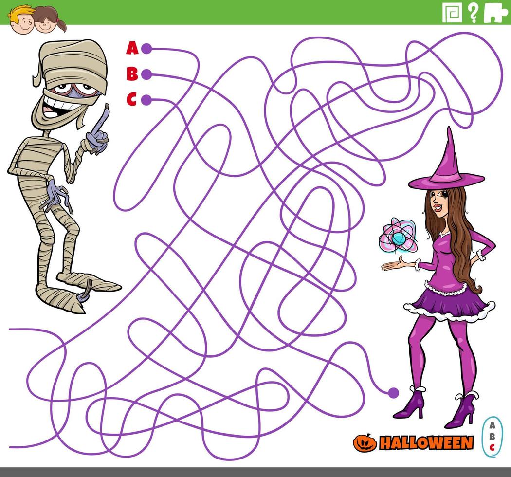 Labyrinth mit Cartoon-Mama und Hexe zur Halloween-Zeit vektor