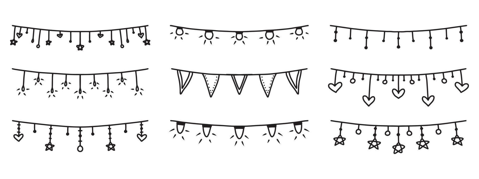 en unik uppsättning av ritad för hand kransar för de högtider. Semester dekorationer i klotter stil. vektor illustration