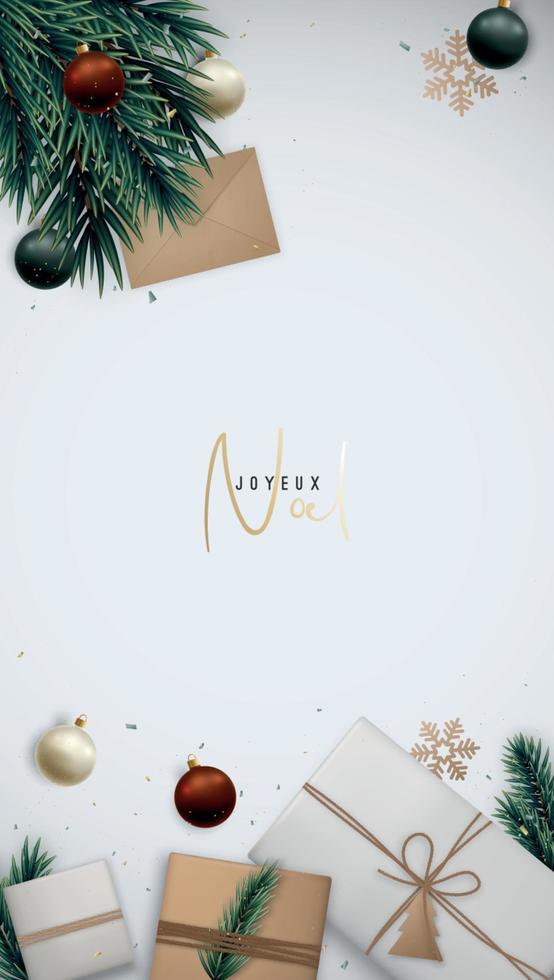 jul vertikal mall med gåva lådor, gran träd grenar, skinande bollar och gyllene snöflingor. vektor