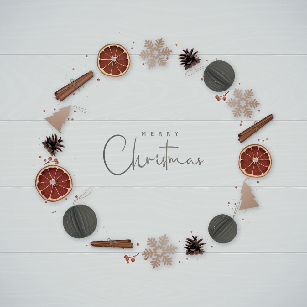 jul sammansättning med snöflingor, kanel, orange skivor, tall koner och dekorativ papper bollar isolerat på trä- bakgrund. vektor