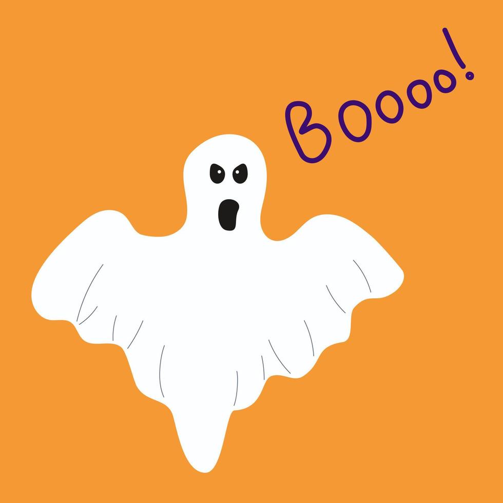 ein fröhlicher Cartoon-Geist, der Boo auf orangefarbenem Hintergrund für Halloween spricht. flache vektorillustration. vektor