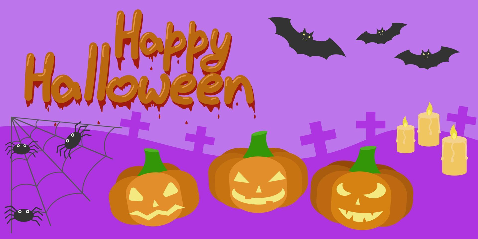 Halloween, Banner. eine Einladung zu einer Party. Kürbisse, Spinnweben, Fledermäuse, Kerzen, Gräber. Cartoon-Vektor-Illustration. vektor