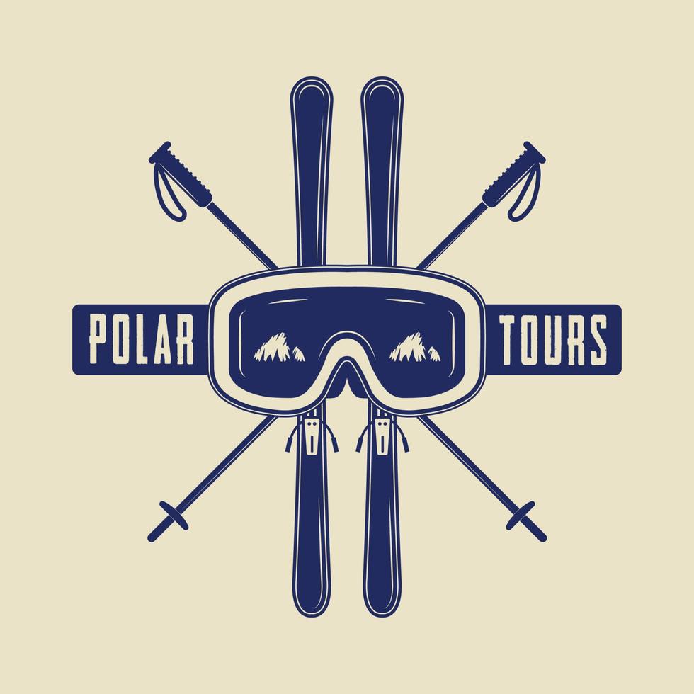 årgång åka skidor eller vinter- sporter logotyp, emblem, bricka, märka eller vattenmärke med mask i retro stil. vektor