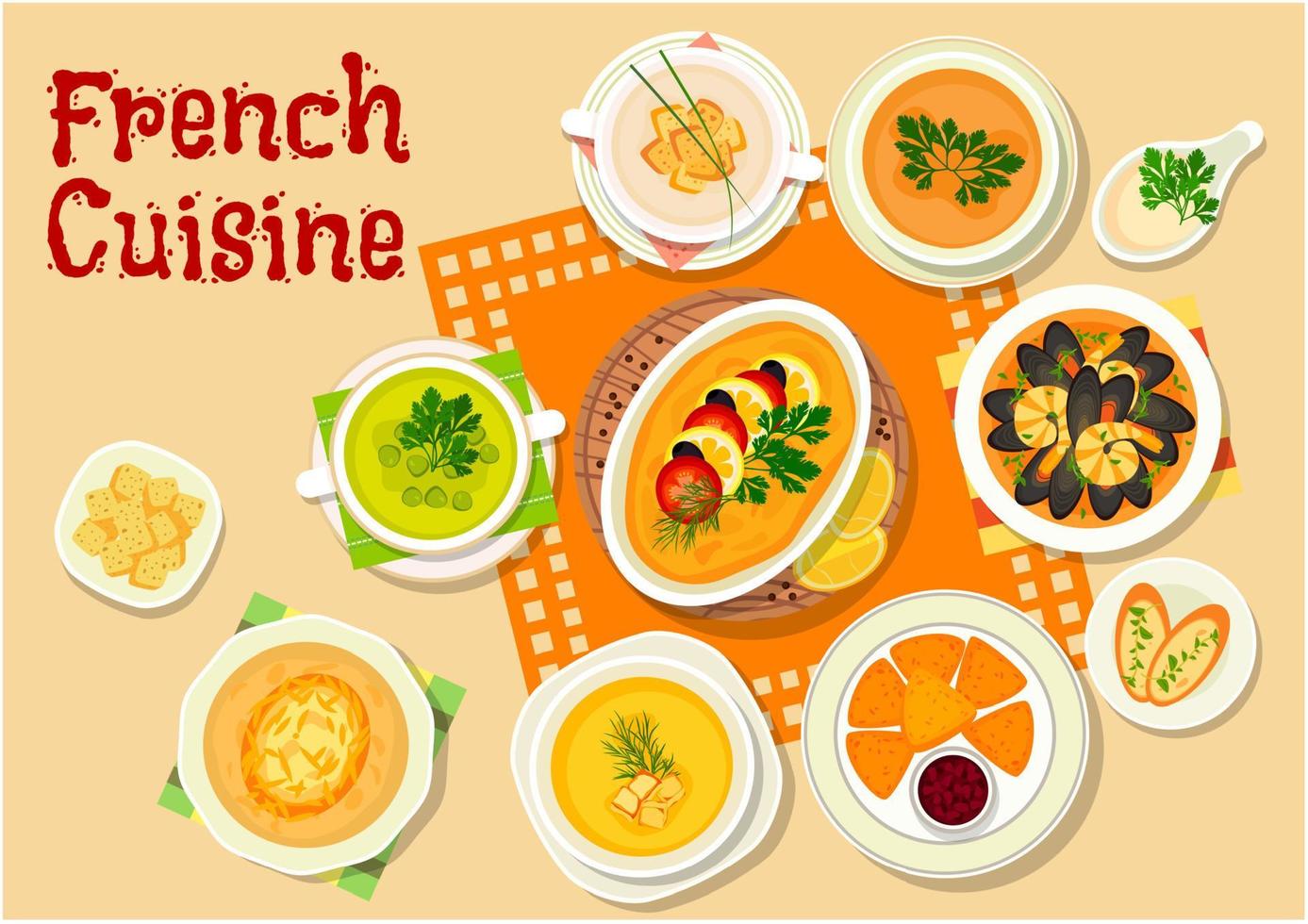 Symbol für Suppen und Snackgerichte der französischen Küche vektor