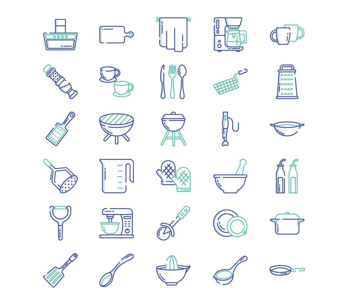 Symbolsatz für Küchen- und Kochwerkzeuge vektor