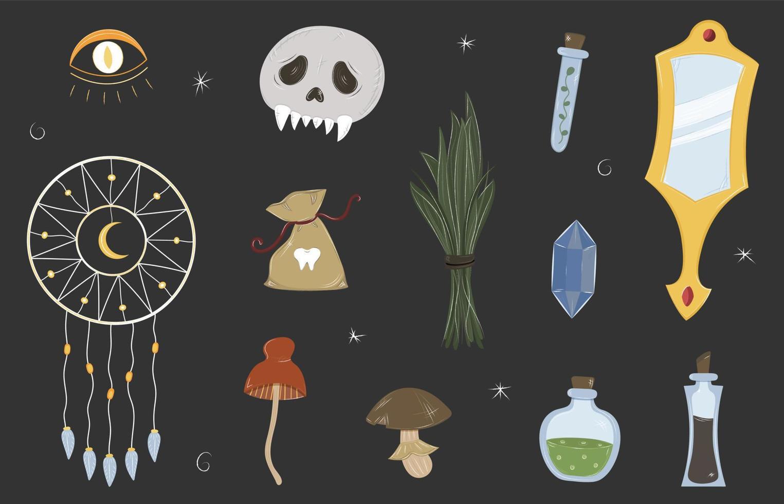 uppsättning av trolldom isolerat doodles. halloween klistermärken hand dragen skalle, spegel, svamp, potions, dröm fångare. vektor magisk häxa illustration
