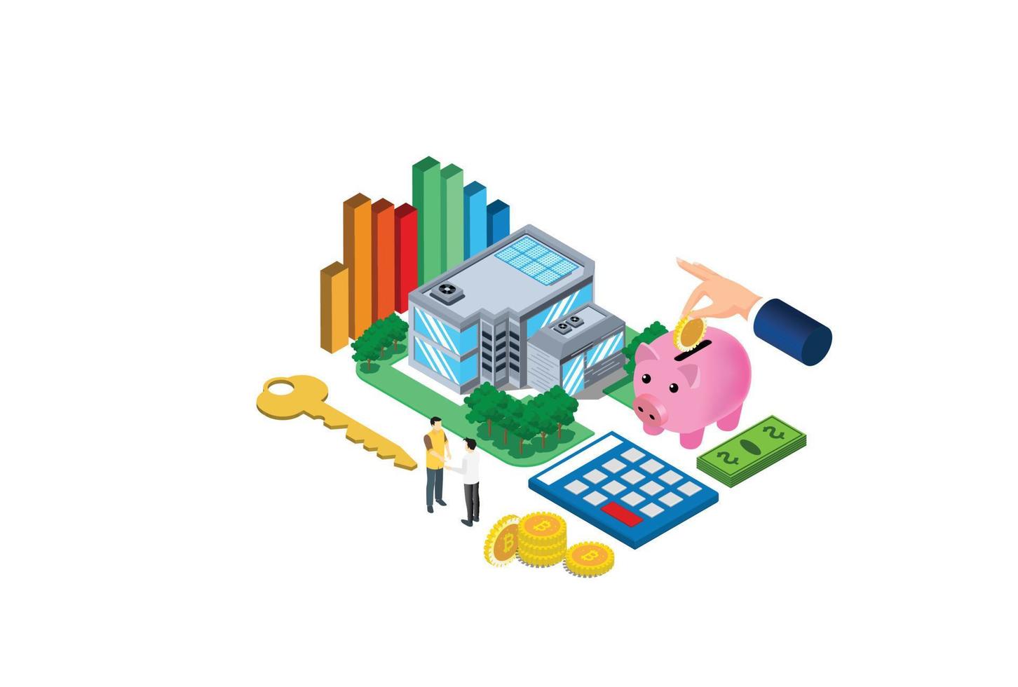 isometrisches flaches 3d-isoliertes Vektor-Immobilieninvestitionskonzept. Haus- und Immobiliengeldanlage. geeignet für Diagramme, Infografiken, Spiel-Assets und andere grafikbezogene Assets vektor