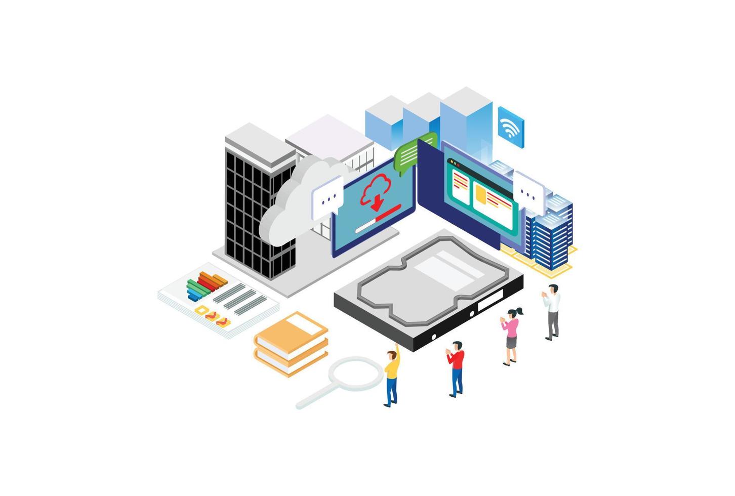 modern isometrisk smart moln databas bearbetning teknologi illustration i vit isolerat bakgrund med människor och digital relaterad tillgång vektor