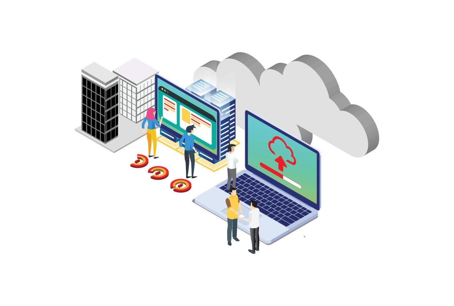 internet datacenter förbindelse, administratör av webb värd begrepp. karaktär och text för tjänster. tech reparera Centrum hårdvara programvara databas för säker server. platt isometrisk vektor illustration