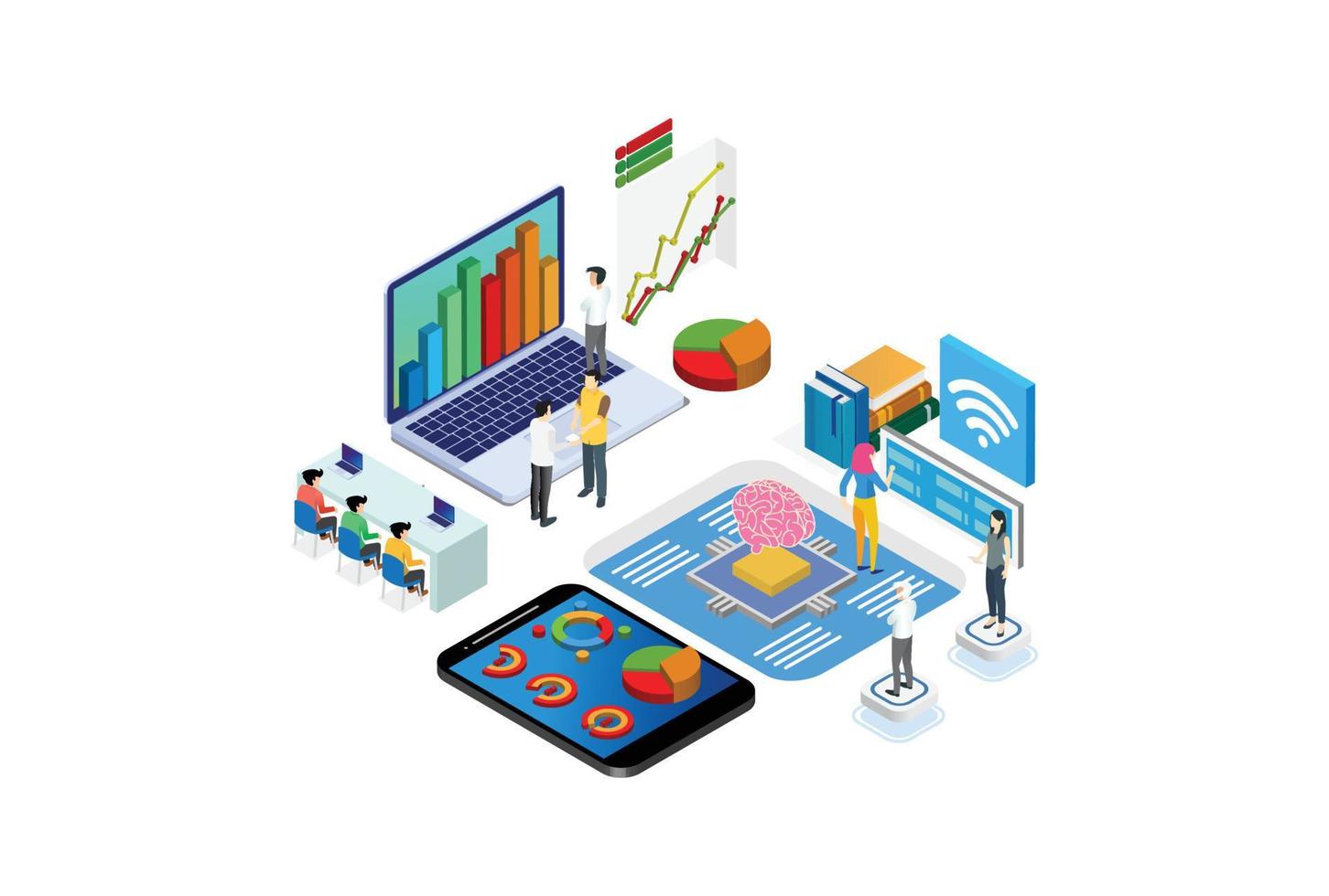 moderne isometrische datenanalyseillustration, webbanner, geeignet für diagramme, infografiken, buchillustrationen, spielobjekte und andere grafikbezogene objekte vektor