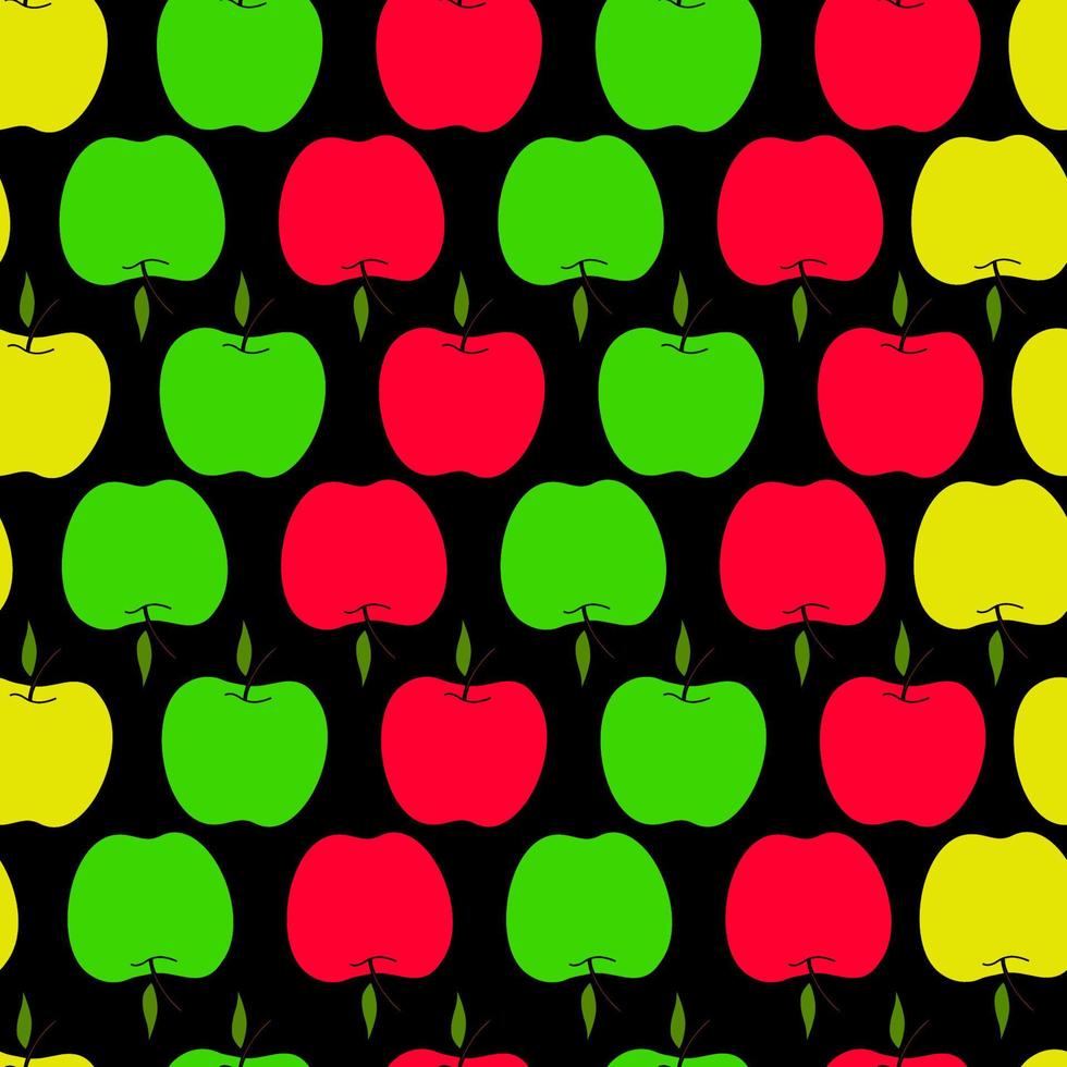 Nahtloses Muster mit Äpfeln auf schwarzem Hintergrund. herbstmuster mit obst.roter, grüner, gelber apfel.heller druck für stoff vektor