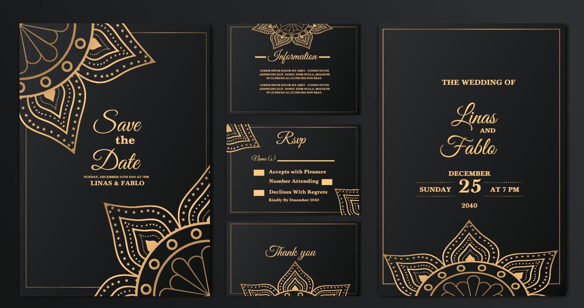 lyx mandala bröllop inbjudan kort uppsättning mall med gyllene arabesk mönster arabicum islamic bakgrund stil. redigerbar vektor fil. dekorativ mandala för skriva ut, affisch, omslag, flygblad, baner.